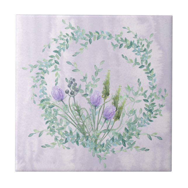 Lavender Blooming Chives Herbal Ceramic Tile Kakelplatta (Framsidan)