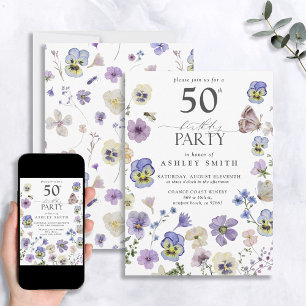 Lavender Blue Pressed Blommigt 50:e födelsedagen Inbjudningar