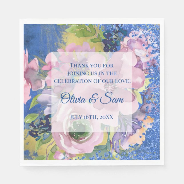 Lavender Blues Watercolor Blommigt Glitter Bröllop Pappersservett (Framsidan)