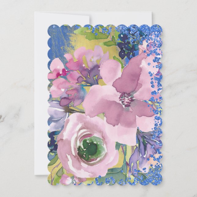 Lavender Blues Watercolor Blommigt Glitter Inbjudningar (Framsida)