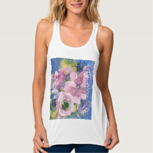 Lavender Blues Watercolor Blommigt Glitter på Rosa Linne Med Racerback