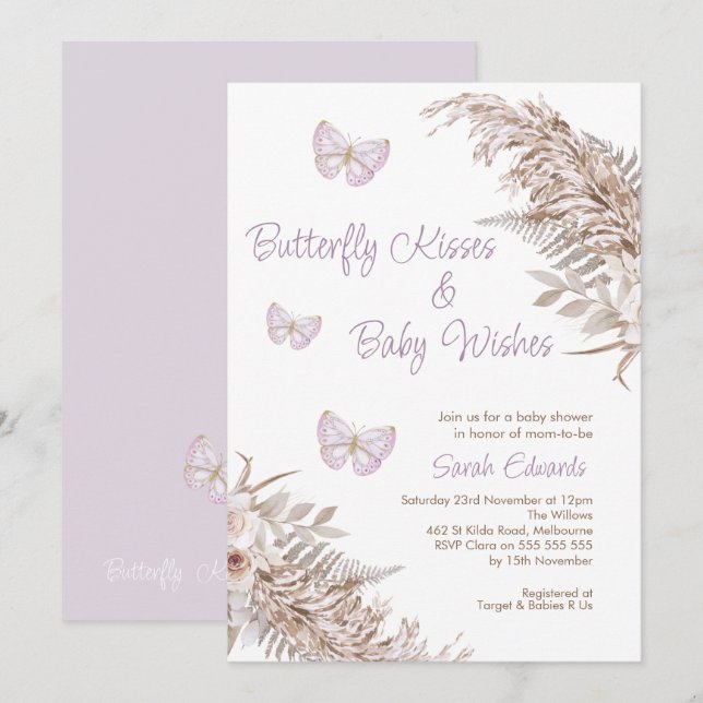 Lavender Boho Blommigt Butterfly Kisses Baby Showe Inbjudningar (Fram/baksida)
