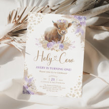 Lavender Boho Pampas Highland Cow Girl Birthday