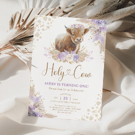 Lavender Boho Pampas Highland Cow Girl Birthday Inbjudningar