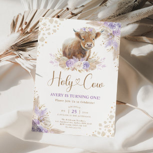 Lavender Boho Pampas Highland Cow Girl Birthday Inbjudningar