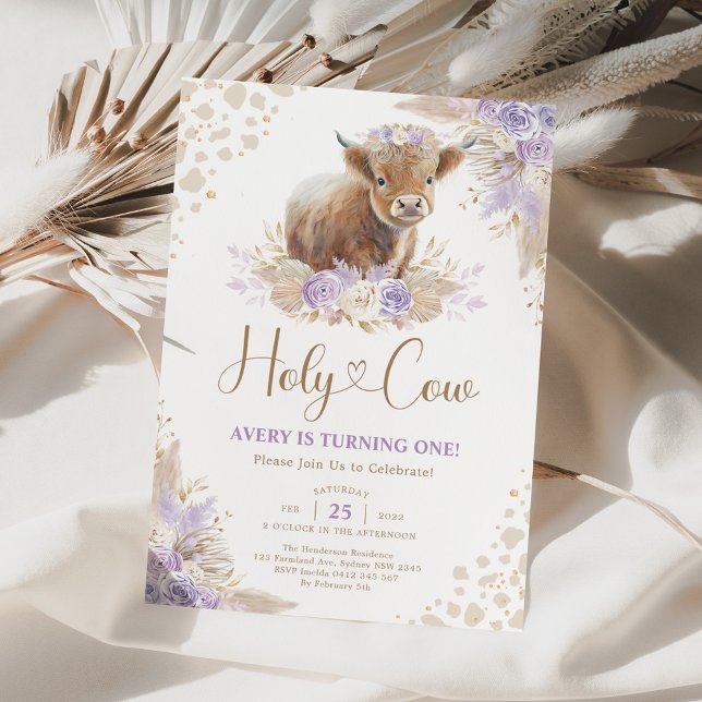 Lavender Boho Pampas Highland Cow Girl Birthday Inbjudningar (Skapare uppladdad)