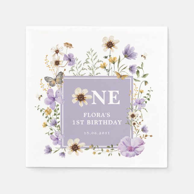 Lavender Boho WildblomGirl 1st Birthday Party Pappersservett (Framsidan)