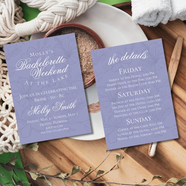 Lavender Botanical Bachelorette Helg Itinerary Inbjudningar (Bachelorette itinerary invite with modern font – perfect for engagement or bridal celebrations!)