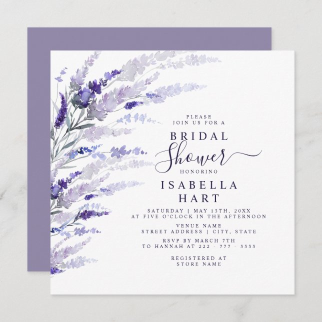 Lavender Botanical Blommigt Mauve Möhippa Inbjudningar (Fram/baksida)