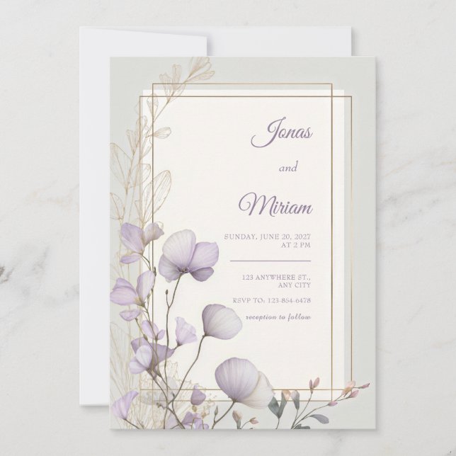 Lavender Botanical Double Gold Frame Wedding Inbjudningar (Framsida)