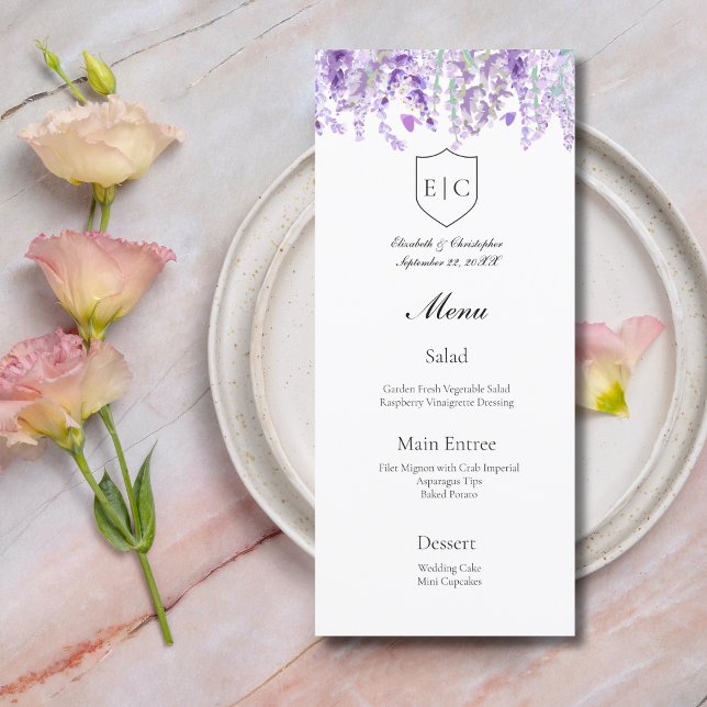 Lavender Botanical Monogram Bröllop Menu (Lavender Floral Botanical Wedding Menu Monogram Crest)