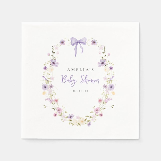 Lavender Bow Baby Shower Wildblommor Pappra blöjor Pappersservett (Framsidan)