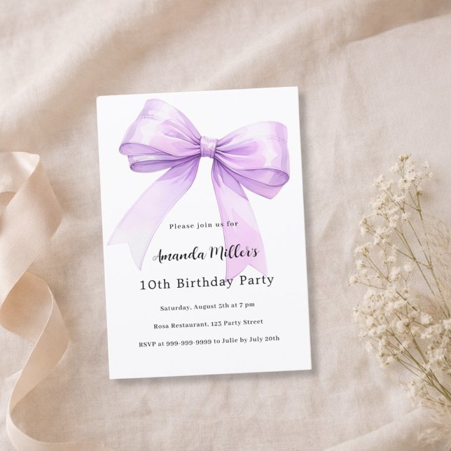 Lavender bow coquette girl birthday inbjudningar (Skapare uppladdad)
