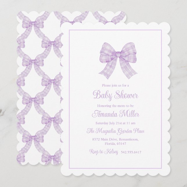 Lavender Bow GrandMillennium Preppy Baby Shower Inbjudningar (Fram/baksida)