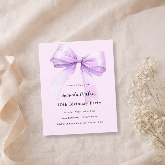 Lavender bow pink coquette birthday invitation (Skapare uppladdad)