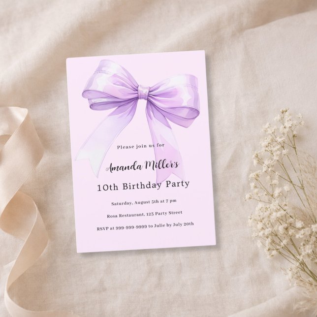 Lavender bow pink coquette girl birthday inbjudningar (Skapare uppladdad)