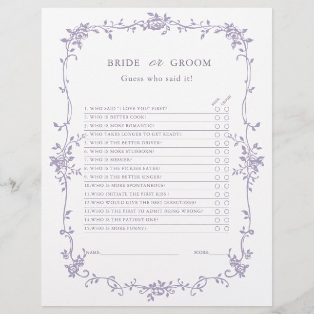 Lavender 'Bride or Groom' Bridal Shower Game  (Framsida)