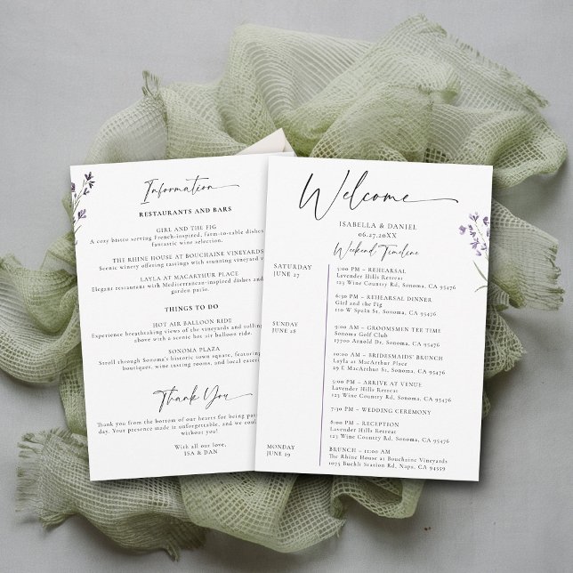 Lavender Bröllop Helg 3 Days Schedule Elegant Inbjudningar (lavender wedding weekend schedule itinerary provence wreath modern classic elegant watercolor theme)