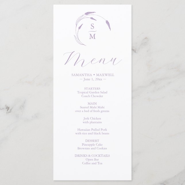Lavender Bröllop Menus Simple Monogram Meny (Framsida)