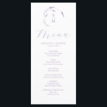 Lavender Bröllop Menus Simple Monogram Meny<br><div class="desc">Ställ in scenen för en oförglömlig matupplevelse i bröllop med vår exquisite lavender bröllop-meny. Konstruktionen visar på ett snyggt sätt initialer på bruden och trippen, elegant omgiven av ömtålig lavender-konst. Menu är vackert skript i sofistikerad kalligrafi och lägger till en luft av elegans. Anpassa enkelt dina menyalternativ på anpassningsbarna med...</div>