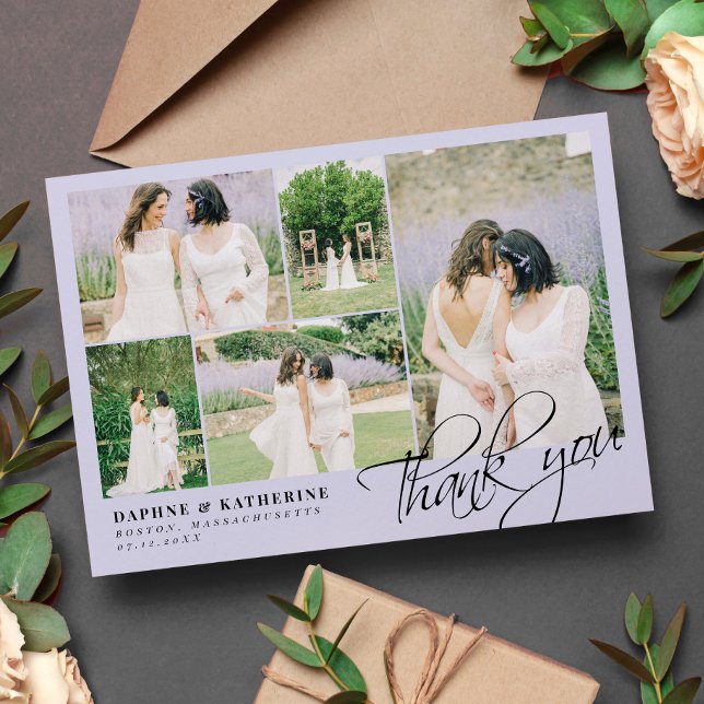 Lavender Bröllop Photo Collage Script Tack Kort (Skapare uppladdad)