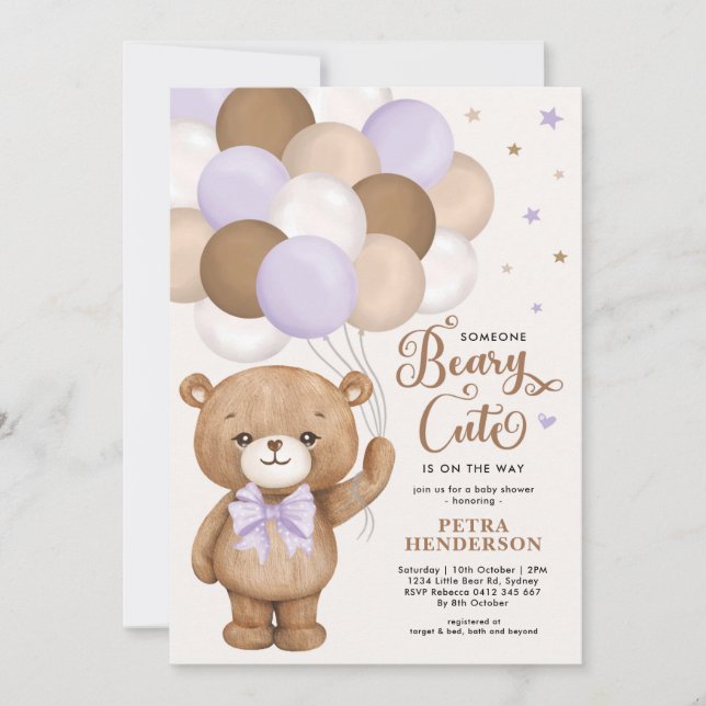 Lavender Brown Beary Cute Nalle Baby Shower Inbjudningar (Framsida)