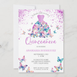 Lavender Butterflies Gown Blommigt Quinceanera Inbjudningar
