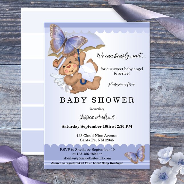 Lavender Butterfly Bear Angel Baby Shower Inbjudningar (A pretty lilac or lavender baby shower invitation with a cute angel bear and butterflies)