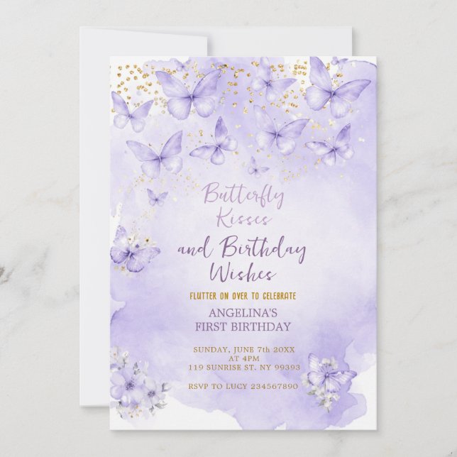 Lavender Butterfly First Birthday Invitation Inbjudningar (Framsida)