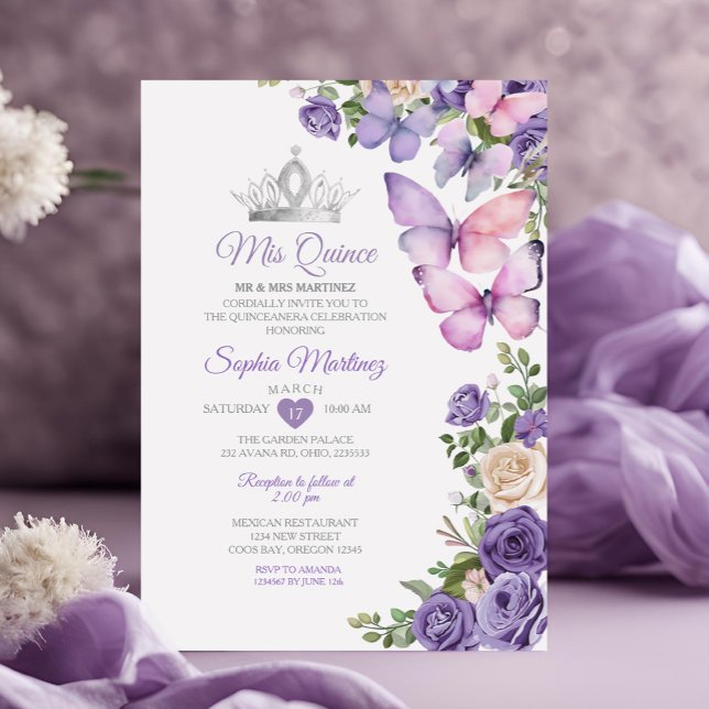 Lavender Butterfly Lila Quinceanera Birthday Inbjudningar (Skapare uppladdad)