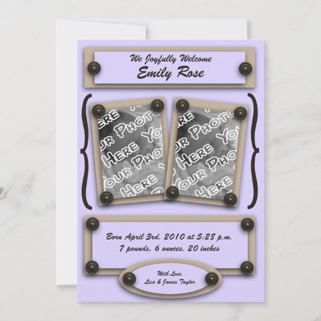 Lavender Buttons & Brackets Birth Notice Meddelande (Framsida)