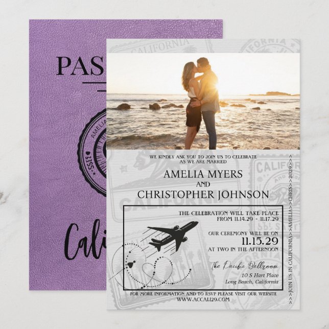 Lavender California Passport Bröllop Inbjudningar (Fram/baksida)