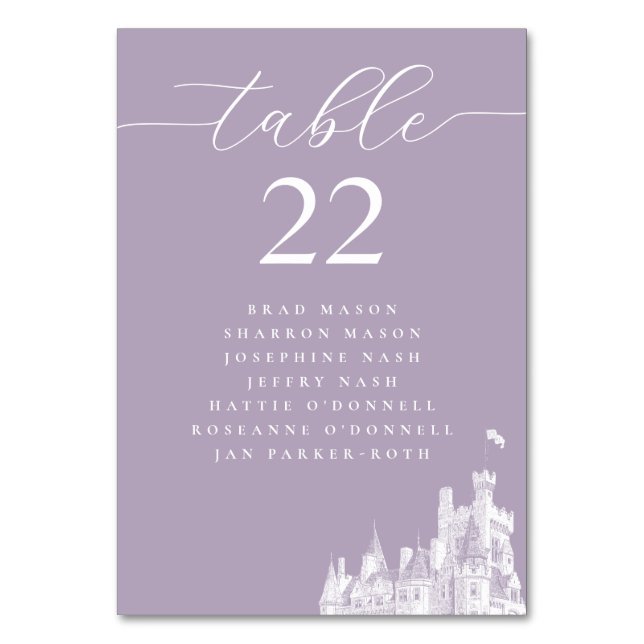 Lavender Castle Wedding Seating Plan Bordsnummer (Framsidan)