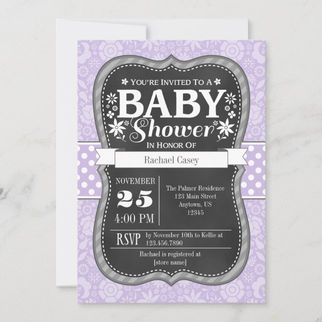 Lavender Chalkboard Blommigt Baby Shower Inbjudan (Framsida)