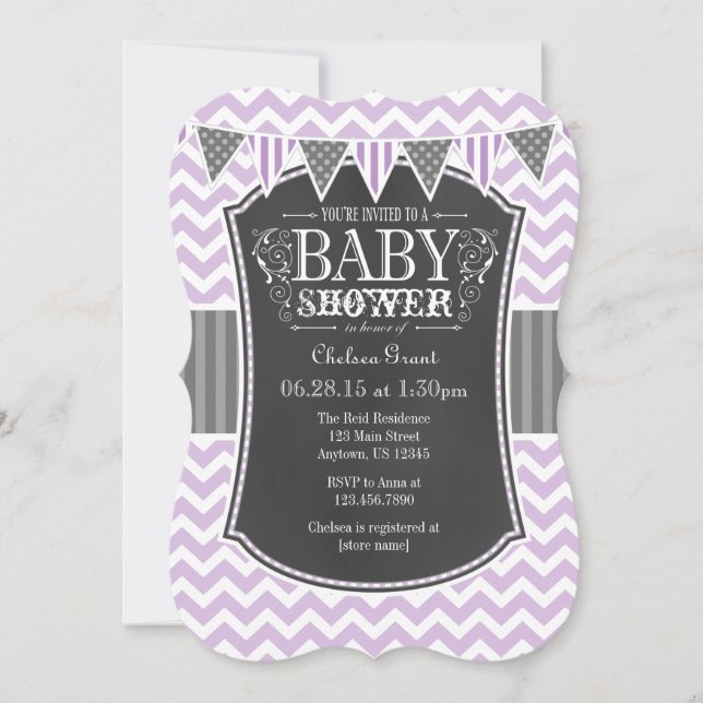 Lavender Chalkboard Chevron Baby Shower Inbjudan (Framsida)