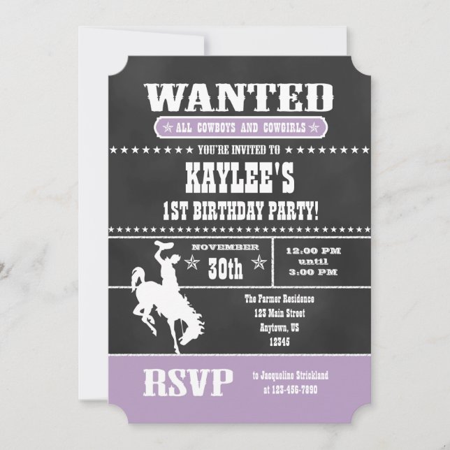 Lavender Chalkboard Cowboy Birthday-inbjudan Inbjudningar (Framsida)