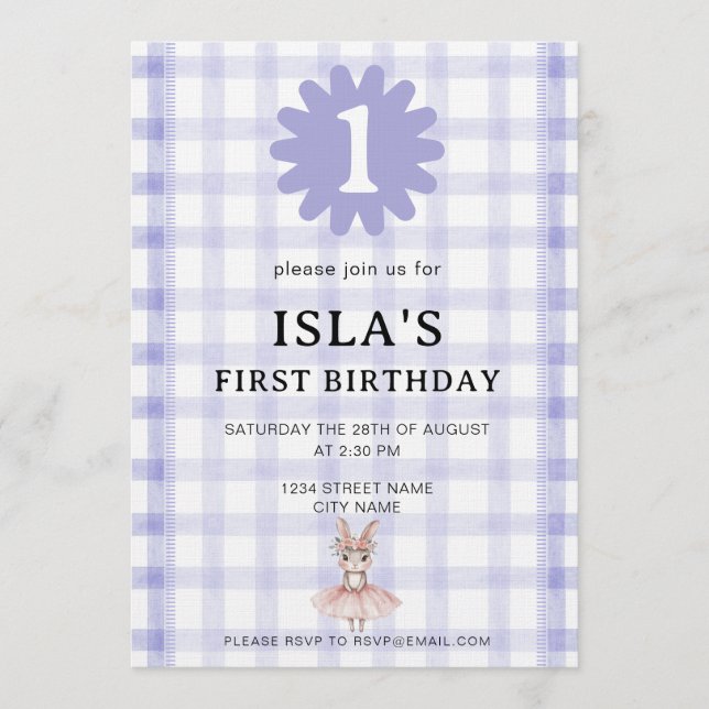 Lavender Check Bunny Ballerina Birthday Invitation Inbjudningar (Framsida)
