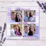 Lavender Checkade foto Spara datum magneter<br><div class="desc">Spara datum magneter med dina egna 4 foton som har ramats in av en incheckad lilak- och lavender-färgad.</div>