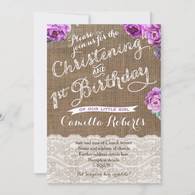 Lavender Christening och första födelsedagen inbju Inbjudningar (Framsida)