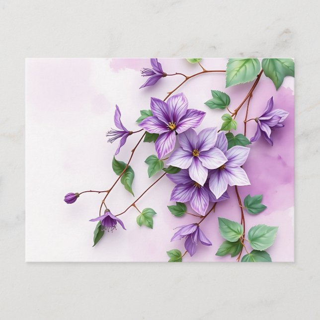 Lavender Clematis Vine Watercolor Vykort (Framsida)