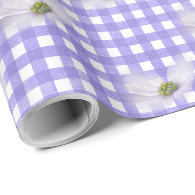 Lavender Cosmos Flowers on Gingham Presentpapper (Rullad Hörn)
