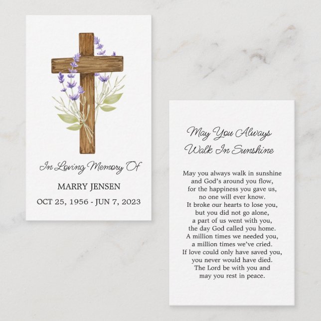 Lavender Cross Memorial Funeral Prayer Card Visitkort (Fram/baksida)