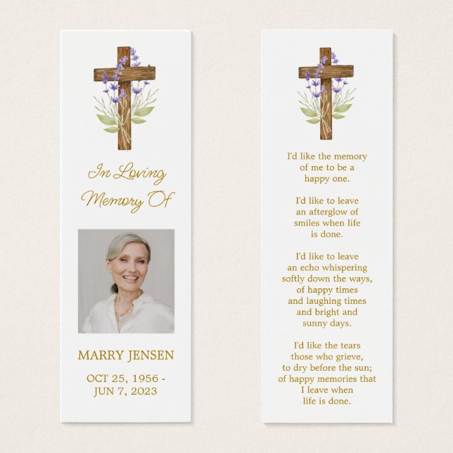 Lavender Cross Photo Funeral Bookmark Litet Visitkort (Framsida & baksida)
