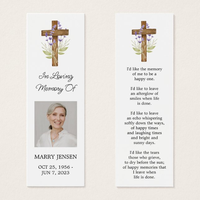 Lavender Cross Photo Funeral Bookmark Litet Visitkort (Framsida & baksida)