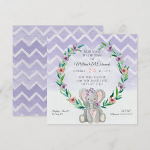 Lavender Cute Baby Elephant Wand Blommigt Chevron Inbjudningar