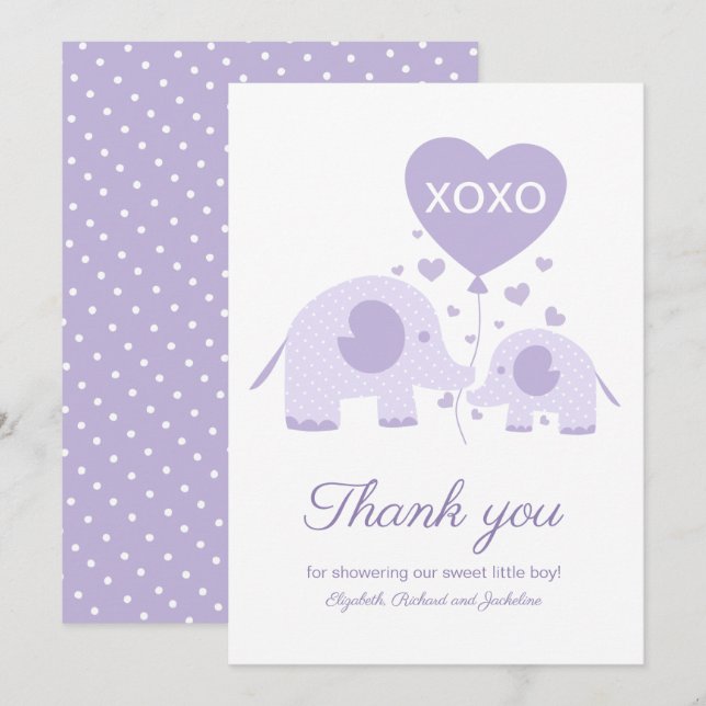 Lavender Cute Elephant Baby Shower Tack Inbjudningar (Fram/baksida)