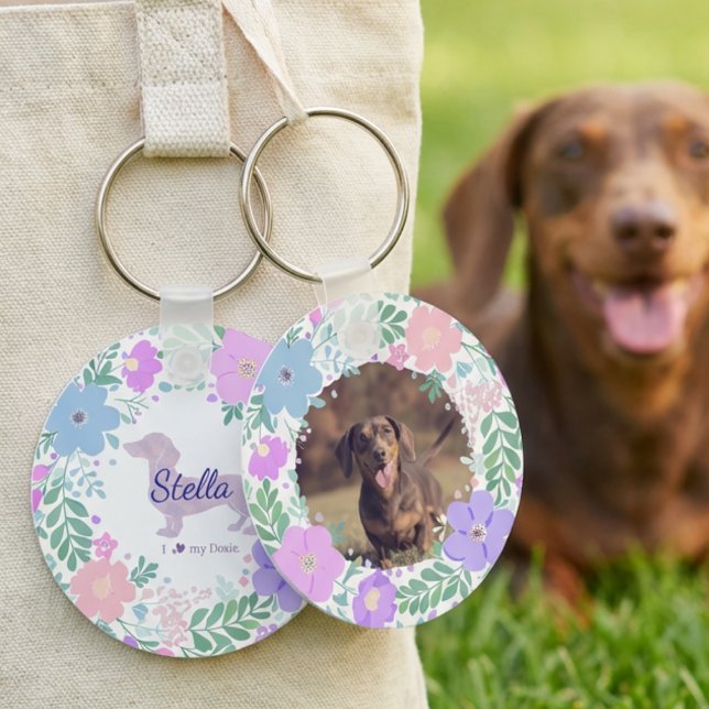 Lavender Dachshund Custom Photo & Name - Floral  Nyckelring (Skapare uppladdad)