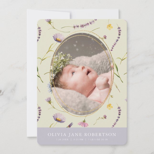 Lavender & Daisy Girl Birth Notice Inbjudningar (Framsida)