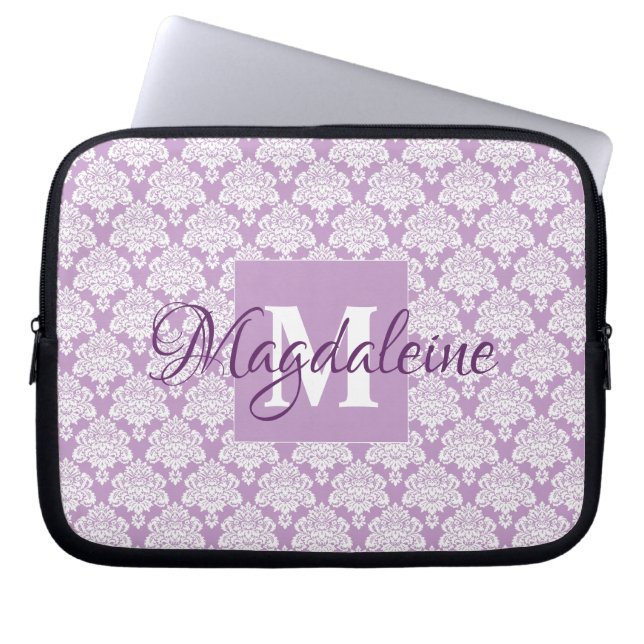 Lavender Damask bärbar dator Fodral med Monogram o (Framsidan)