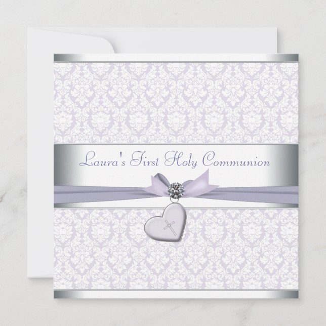 Lavender Damask Kor Girls Lila First Communion Inbjudningar (Framsida)